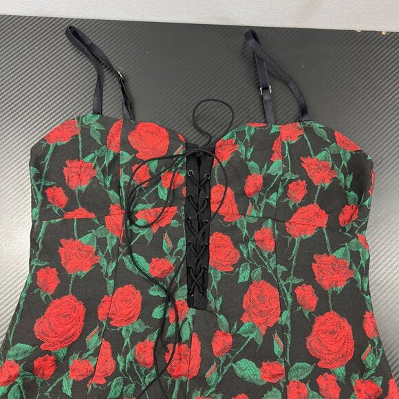 For Love & Lemons Black & Red Rose Print Mini Dress Size Med Lace-Up WhimsiGoth - Picture 3 of 12